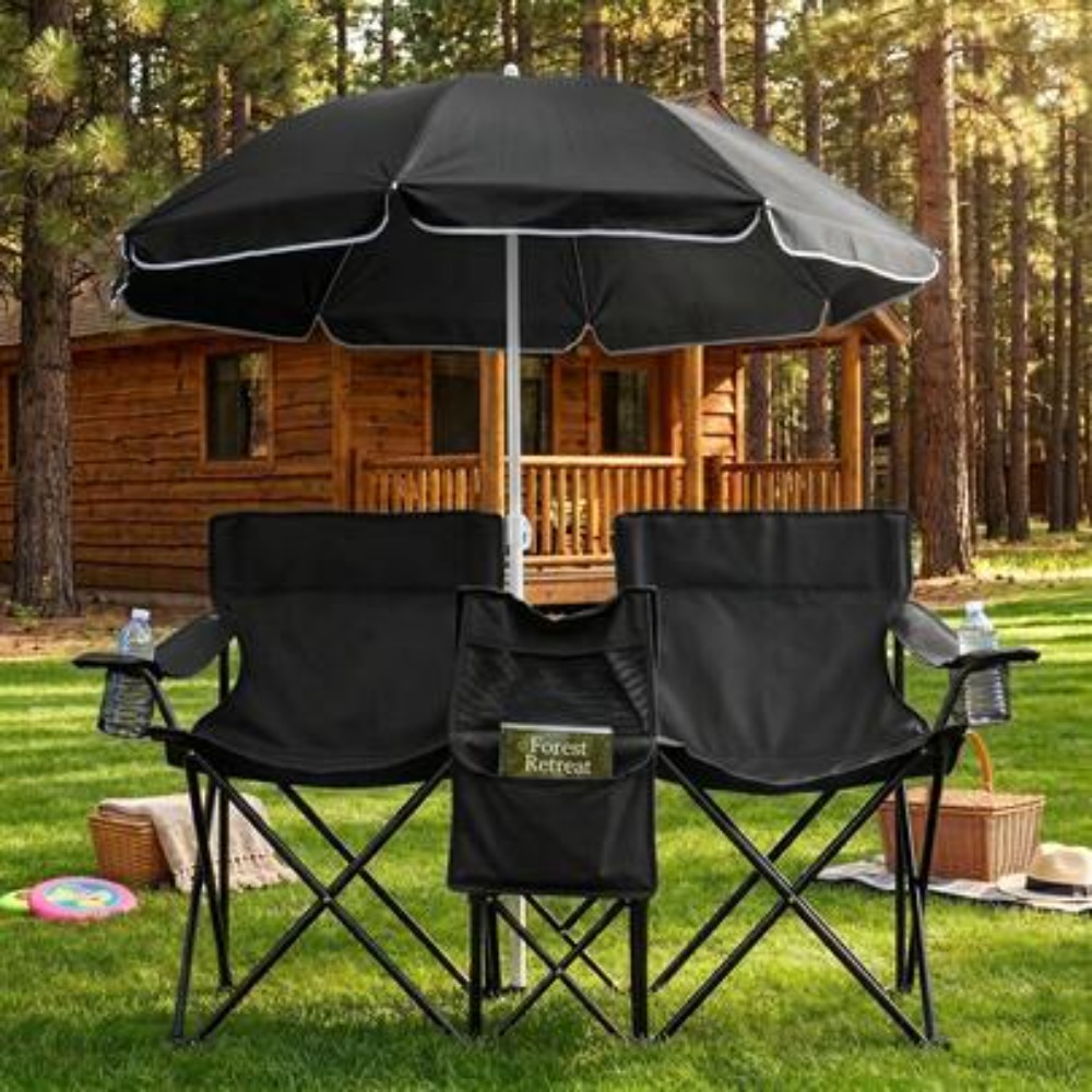 Outdoor Sports Umbrella - เก้าอี้ตกปลาแบบพับได้ขนาด XL พร้อมร่มและกระเป๋าเก็บความเย็น, เก้าอี้นั่งคู่แบบพกพาสำหรับผู้ใหญ่ 2 คน