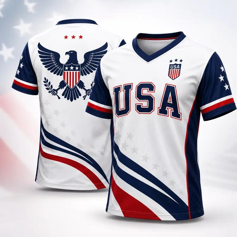 Outdoor Sport Usa - เสื้อเจอร์ซีย์เทรนนิ่งลายอีเกิล USA สำหรับผู้ชาย, เสื้อยืดกีฬาคอวี ระบายอากาศ แห้งเร็ว,