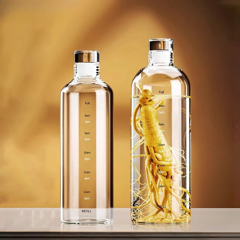 Outdoor Sport Glass Water Bottle - ขวดน้ำแก้วแบบพกพาขนาด 500/750/1000 มล. พร้อมขีดบอกเวลา ขวดเก็บไวน์ ขวดน้ำสำหรับกิจกรรมกลางแจ้ง